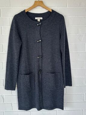 Ellen Tracy Wool Blend Charcoal Toggle Button Long Cardigan Medium